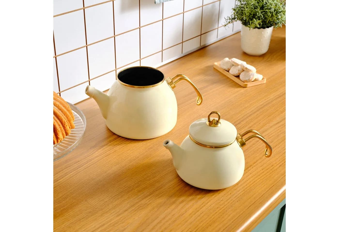 Karaca Retro Emaille Teekanne Set Creme Gold - Bild 4