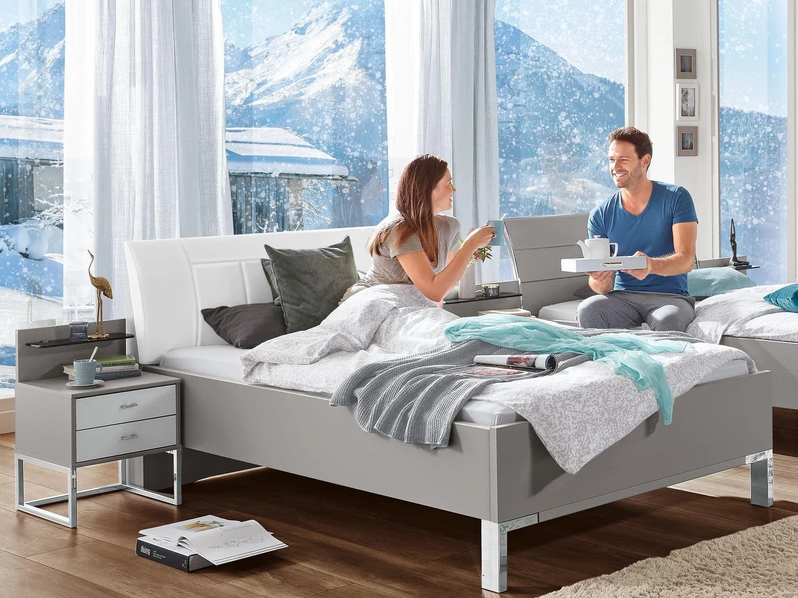 Futonbett Rolf Weber WALDSASSEN Grau mit Holzkopfteil
