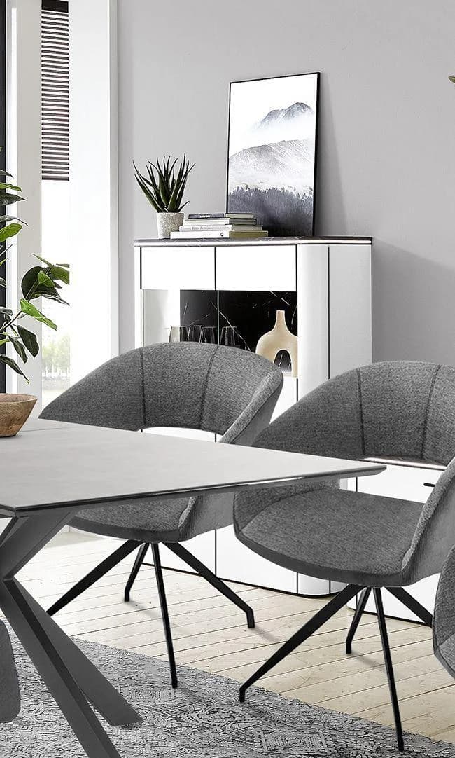 Highboard HARPER IRINGA Weiß matt Dekor mit Marmor-Optik und Glasfronten