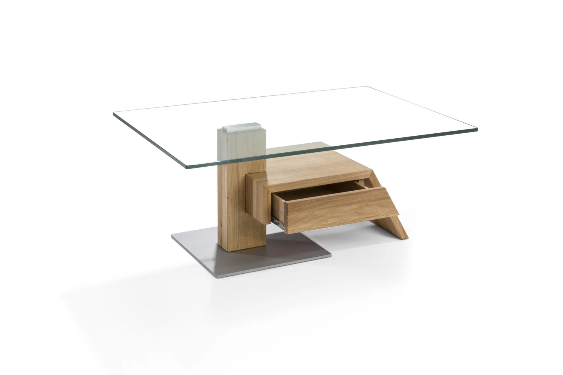 Couchtisch 7135 HK-107-45 Asteiche massiv Klarglas Schublade