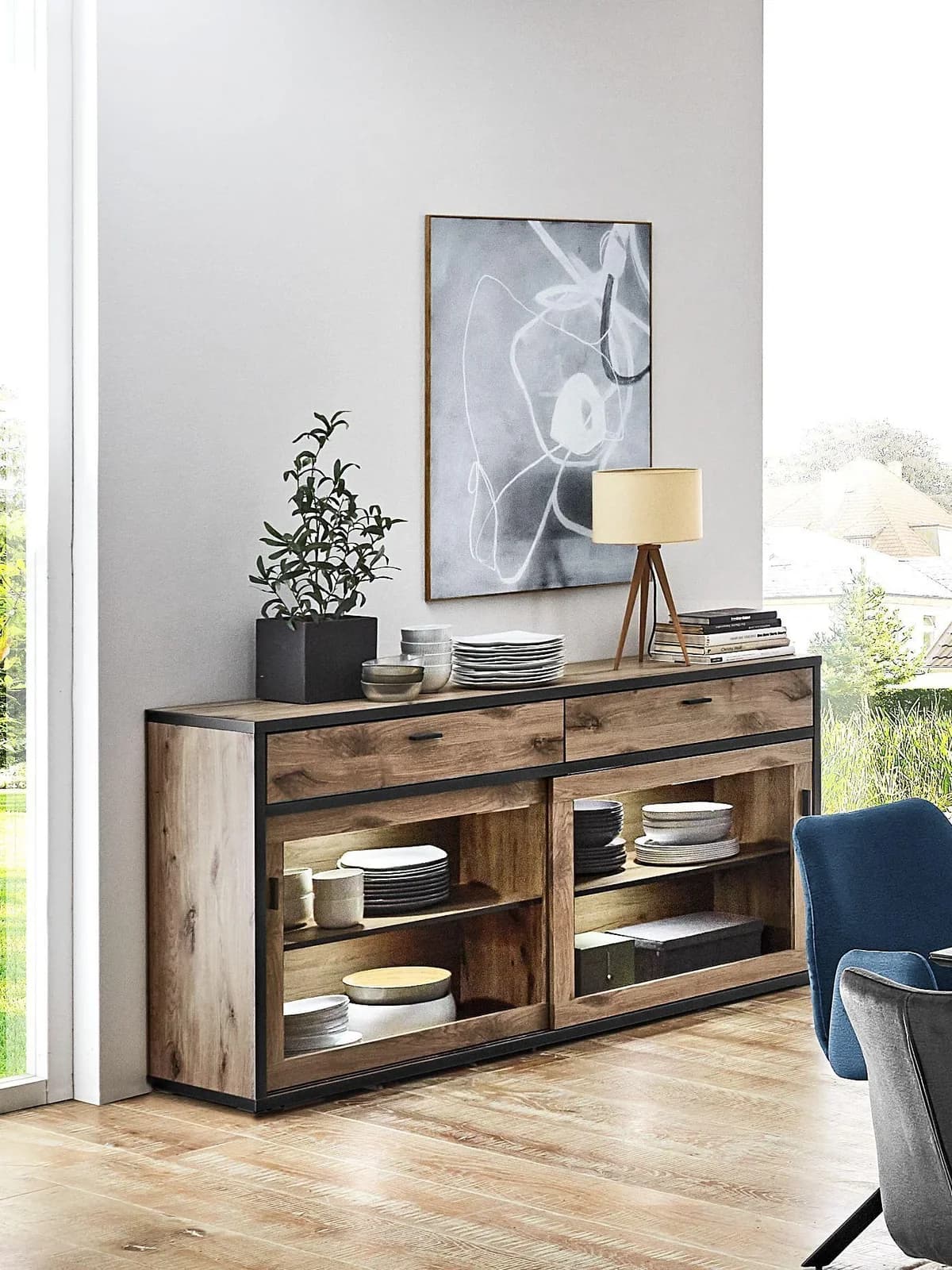 Sideboard HARPER IMPERIA Braun/Grau mit Glasschiebetüren