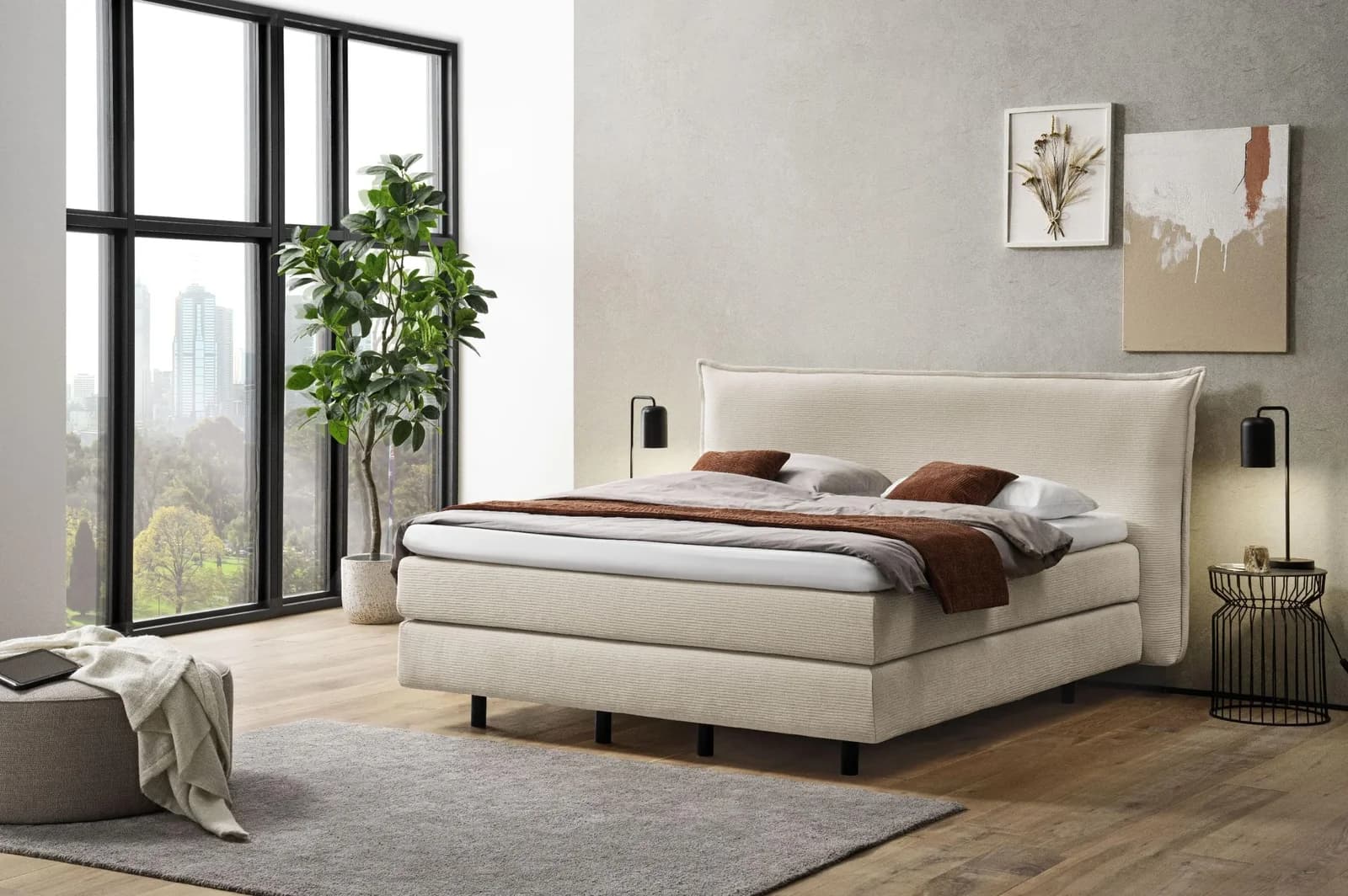 Boxspringbett MONDO BARELL mit Stoffbezug und schwebendem Kopfteil