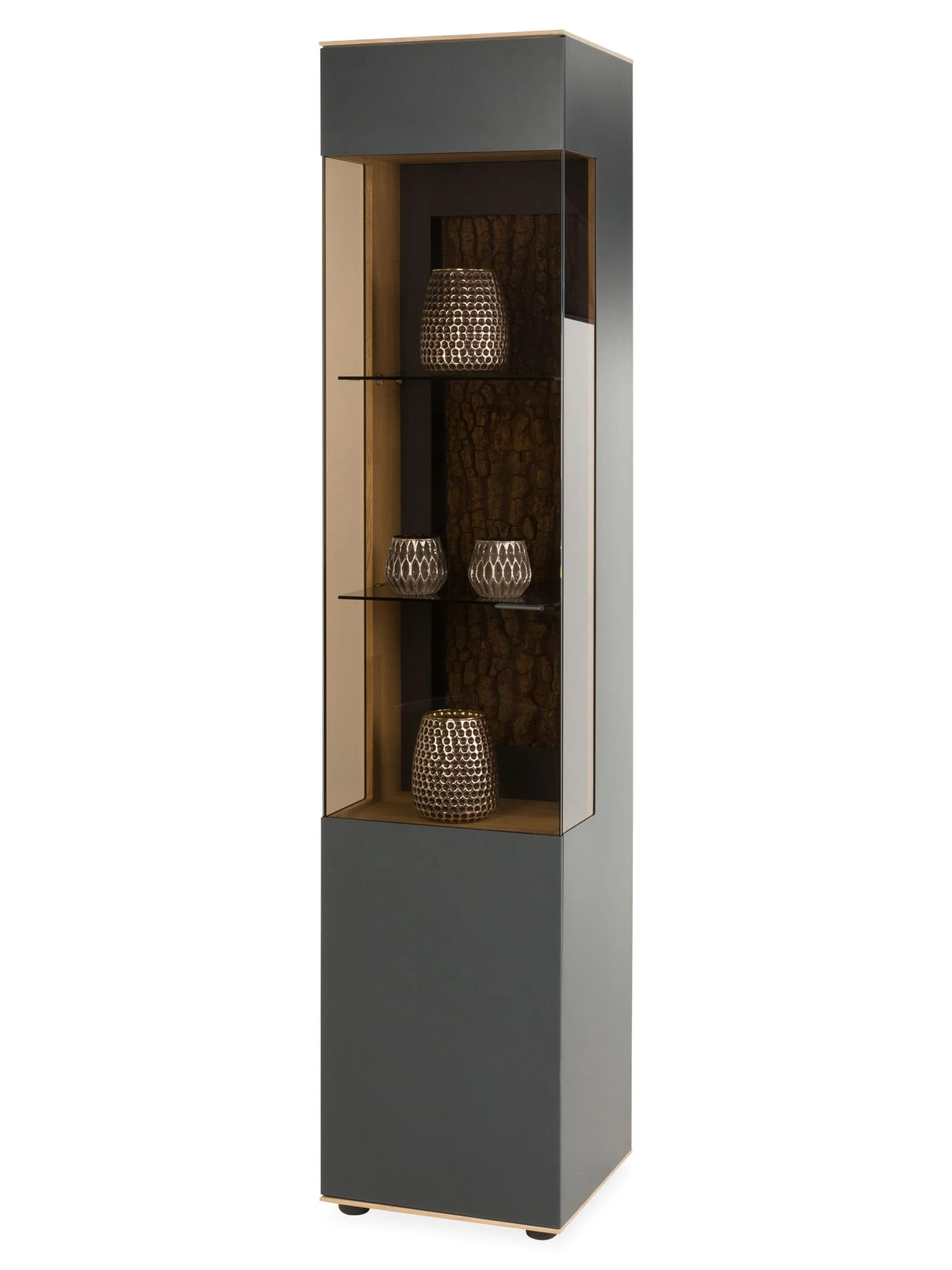 Hartmann Vitrine Heda Massivholz Kerneiche Natur mit Rinde und Metallverkleidung