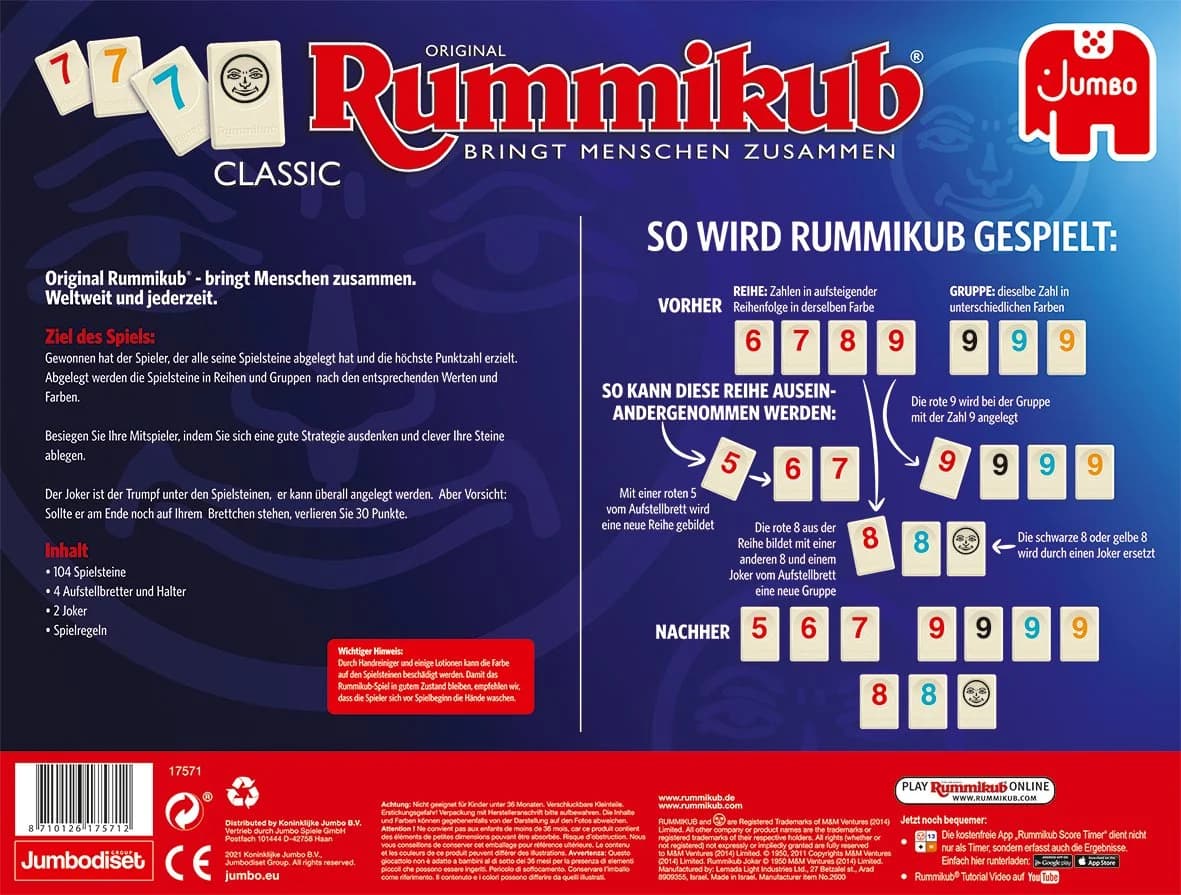 Jumbo Spiele Original Rummikub Classic Gesellschaftsspiel Bunt