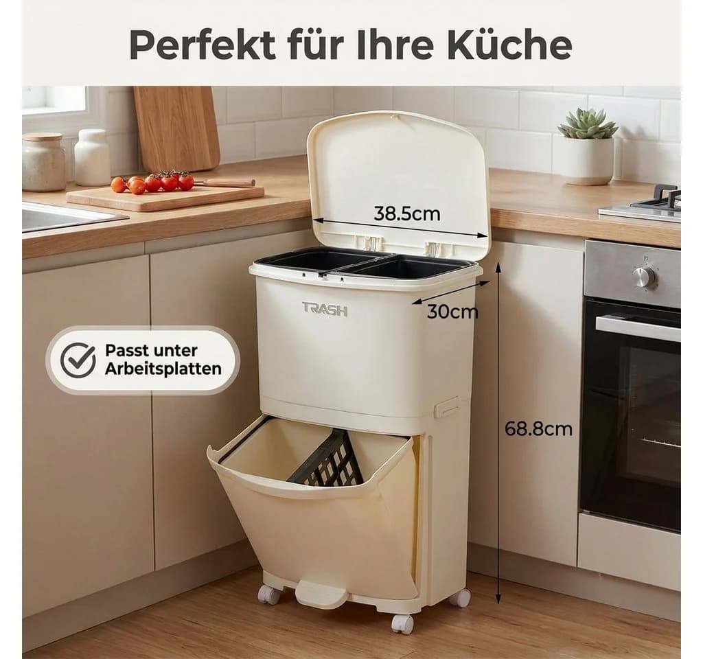 POPOLIC Mülleimer 36L Doppelwandig Cremefarben mit Fußpedal - Bild 3