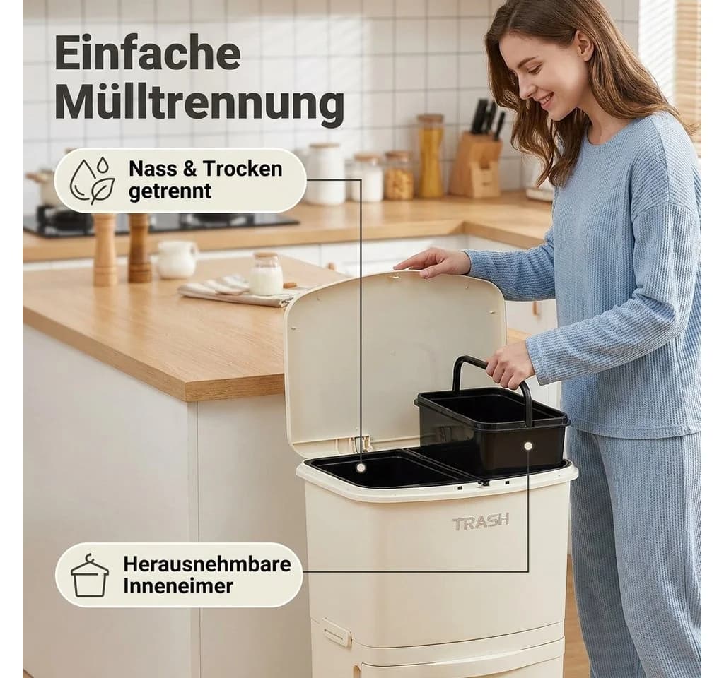 POPOLIC Mülleimer 36L Doppelwandig Cremefarben mit Fußpedal - Bild 4