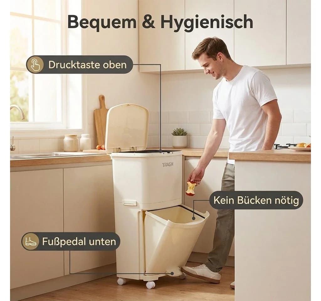 POPOLIC Mülleimer 36L Doppelwandig Cremefarben mit Fußpedal - Bild 5