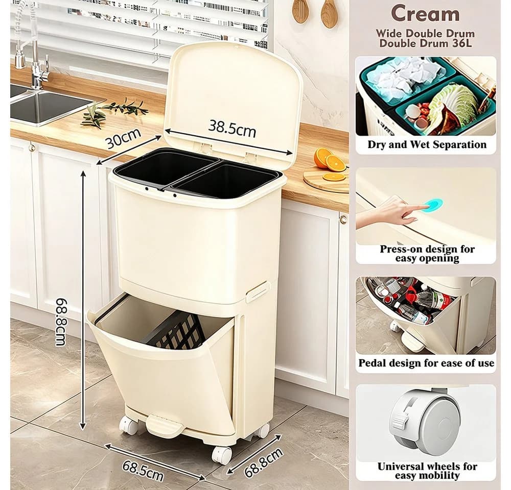 POPOLIC Mülleimer 36L mit Fußpedal und Rollen Beige