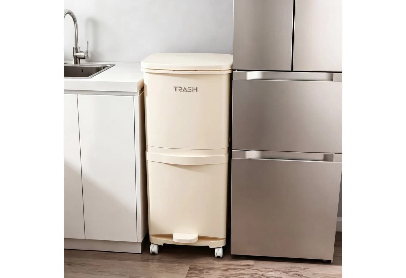POPOLIC Mülleimer 36L mit Fußpedal und Rollen Beige - Bild 4