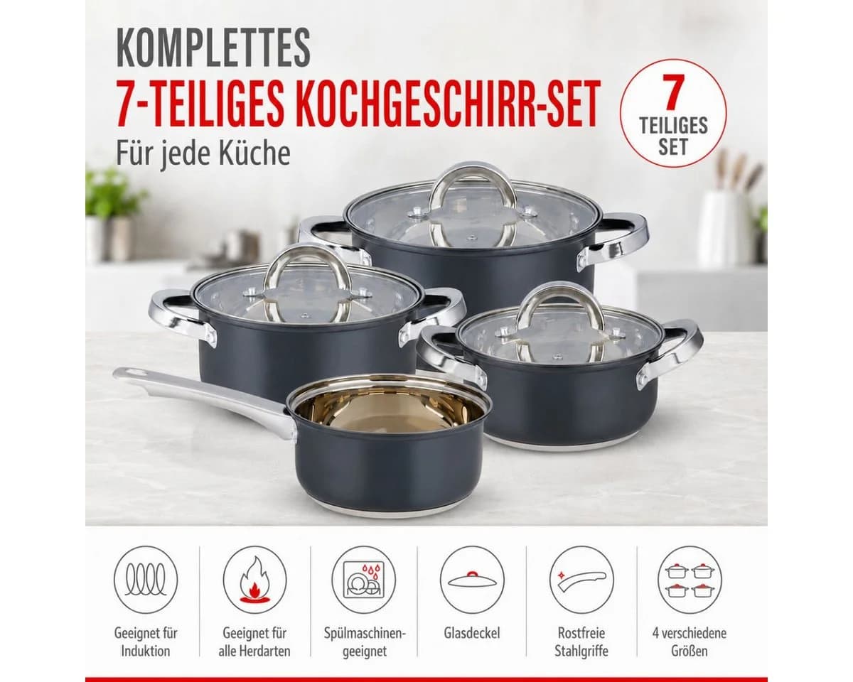 Alpina Topf-Set 7-teilig Edelstahl mit Glasdeckel