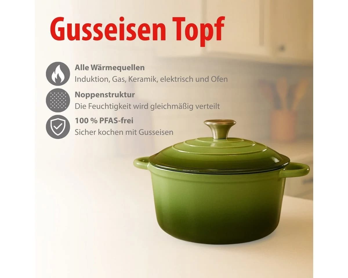 Alpina Dutch Oven Gusseisen Topf 3,8 L Induktion Grün