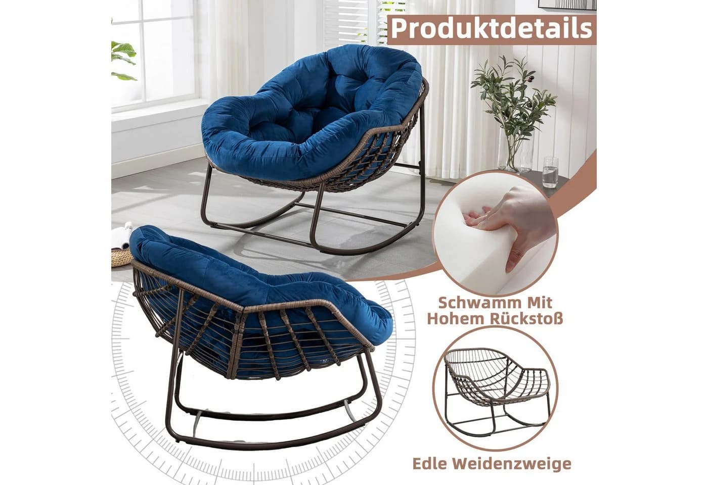 LVHOM Schaukelstuhl mit Kissen Rattan Stahlrahmen Lounge Sessel - Bild 5