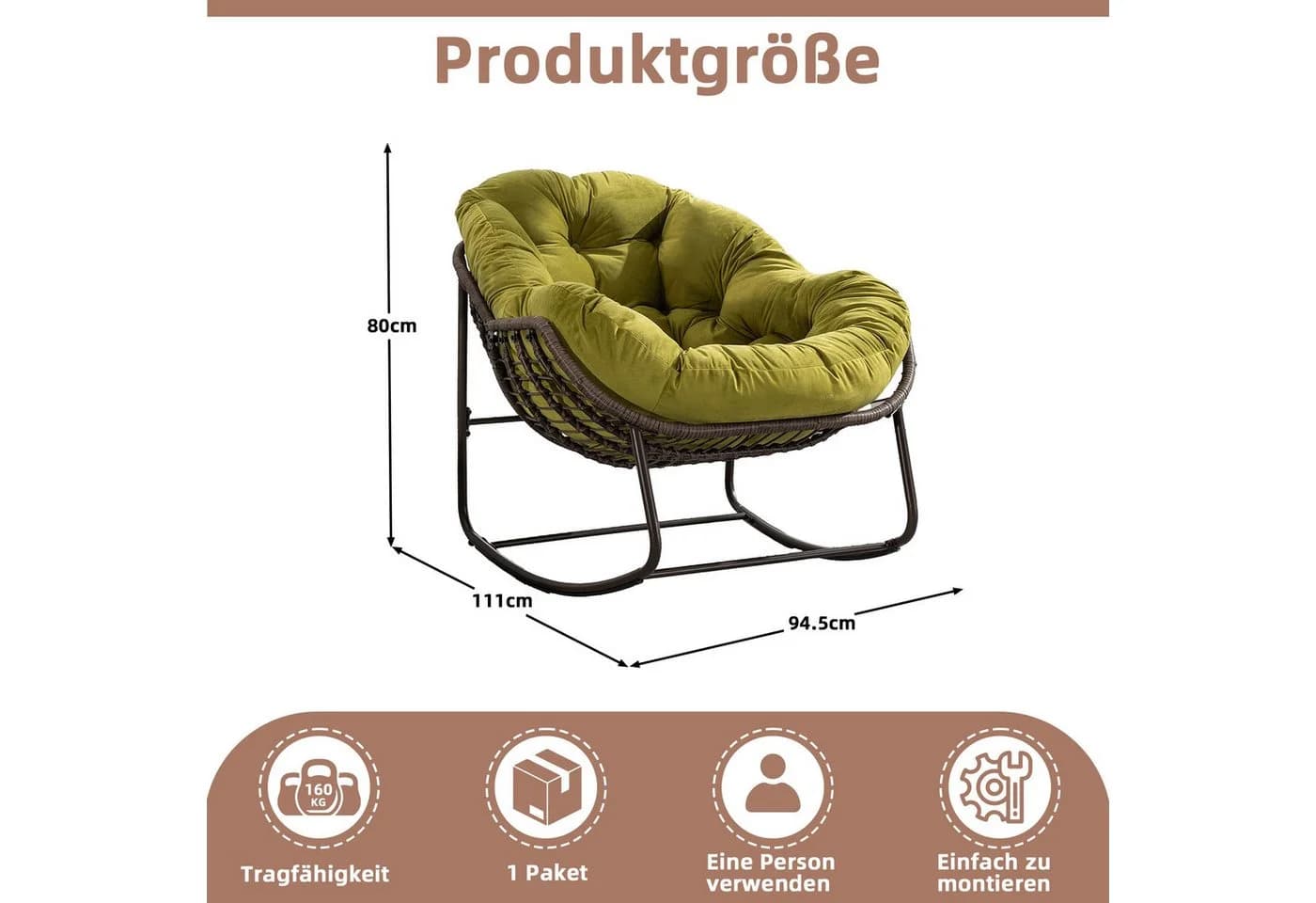 LVHOM Schaukelstuhl mit Kissen Rattan Stahlrahmen Grün - Bild 3