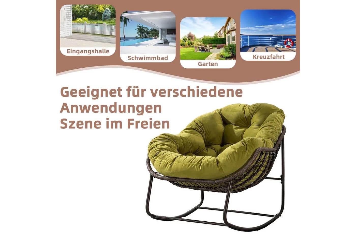 LVHOM Schaukelstuhl mit Kissen Rattan Stahlrahmen Grün - Bild 4