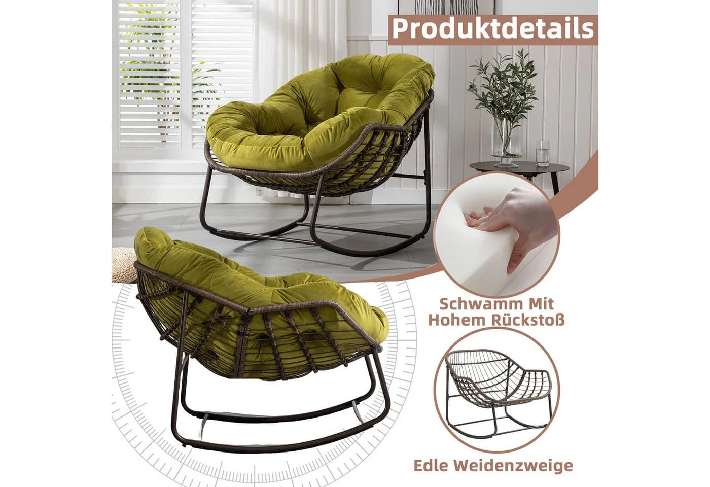 LVHOM Schaukelstuhl mit Kissen Rattan Stahlrahmen Grün - Bild 5