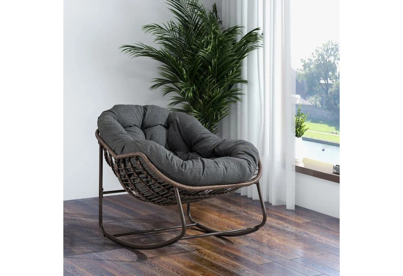 LVHOM Schaukelstuhl Grau Rattan mit Kissen
