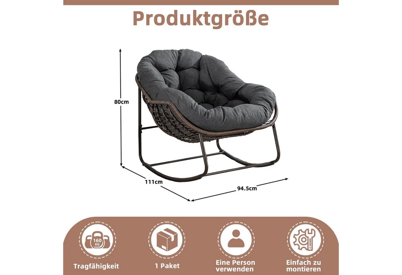 LVHOM Schaukelstuhl Grau Rattan mit Kissen - Bild 3