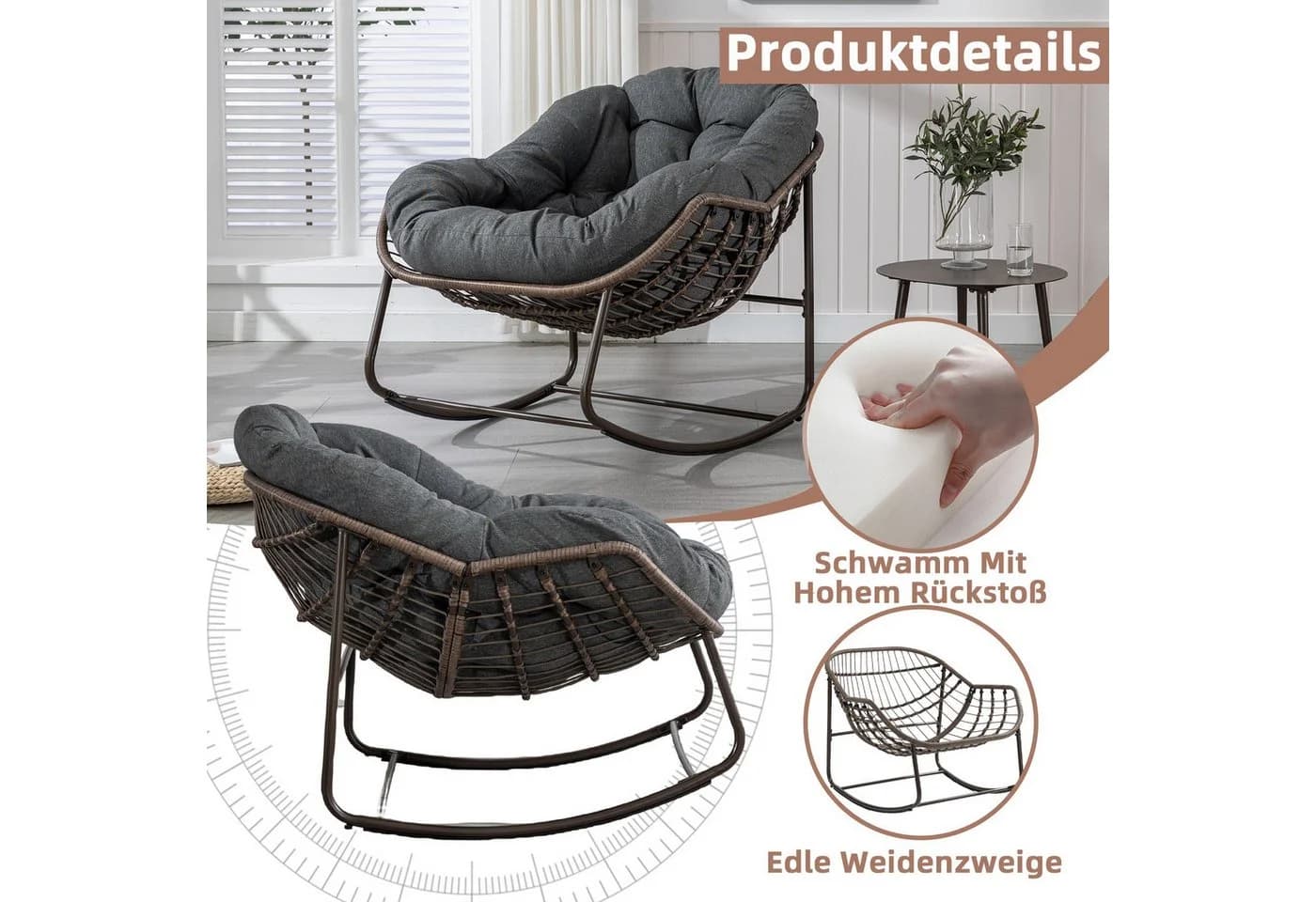 LVHOM Schaukelstuhl Grau Rattan mit Kissen - Bild 5
