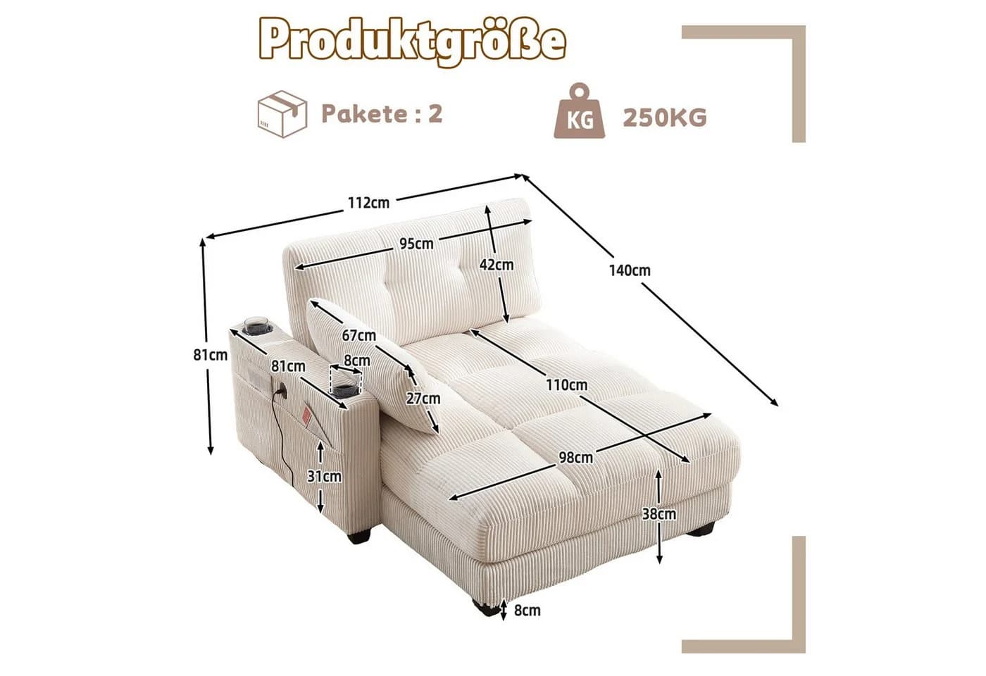 LVHOM Polsterliege Ottomane Beige Modular mit USB-Anschluss - Bild 3