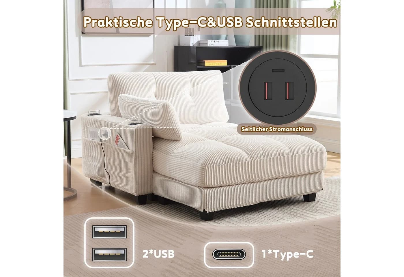LVHOM Polsterliege Ottomane Beige Modular mit USB-Anschluss - Bild 5