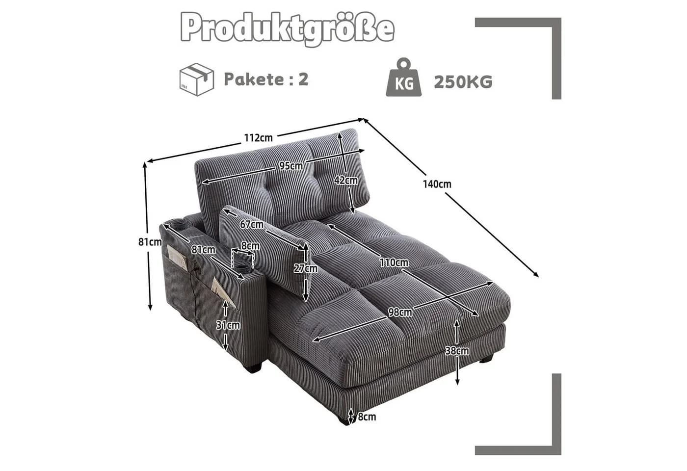 LVHOM Polsterliege Ottomane Grau - Modular mit USB & Schlaffunktion - Bild 3