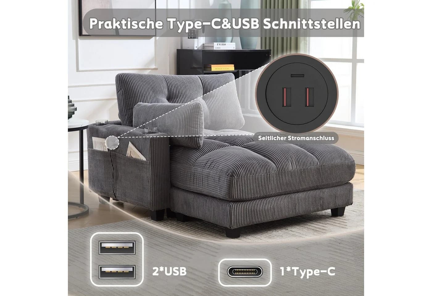 LVHOM Polsterliege Ottomane Grau - Modular mit USB & Schlaffunktion - Bild 5