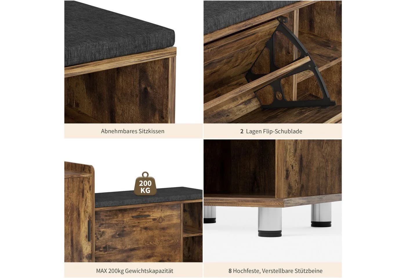 FiveWillowise Schuhschrank mit Sitzfläche Braun - Bild 3