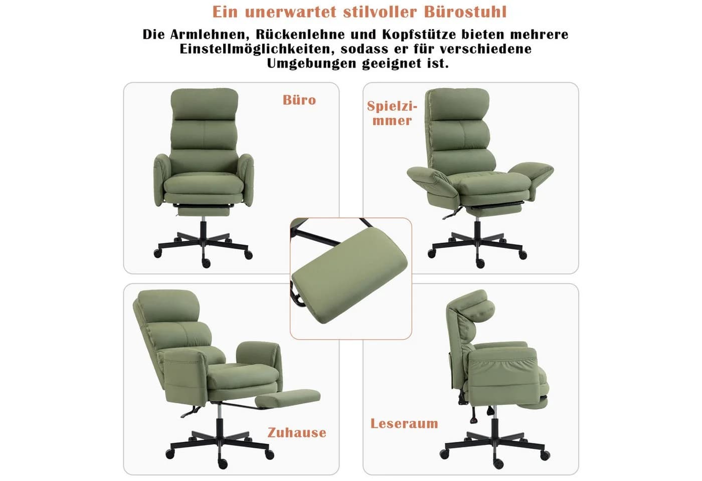 AISALL Bürostuhl höhenverstellbar mit Fußstütze Grün - Bild 4