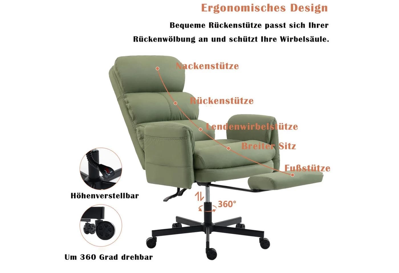AISALL Bürostuhl höhenverstellbar mit Fußstütze Grün - Bild 5