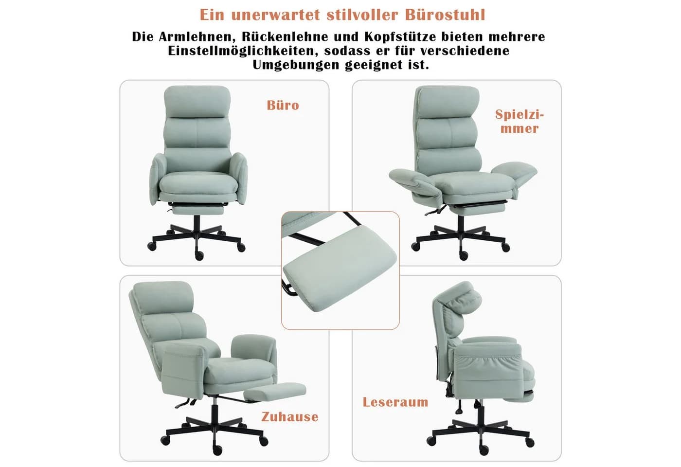 AISALL Bürostuhl höhenverstellbar mit klappbarer Rückenlehne & Fußstütze Grün - Bild 4