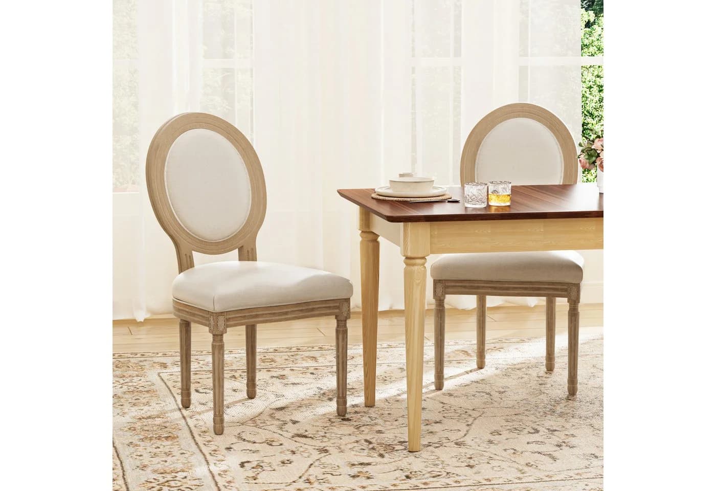 FiveWillowise Esszimmerstuhl Retro-Polsterstühle 2er-Set, Küchenstühle mit ovaler Rückenlehne, Leinenoptik und Massivholz - Bild 4