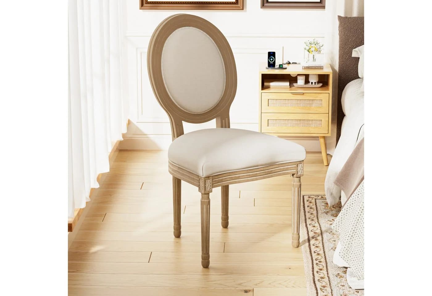 FiveWillowise Esszimmerstuhl Retro-Polsterstühle 2er-Set, Küchenstühle mit ovaler Rückenlehne, Leinenoptik und Massivholz - Bild 5