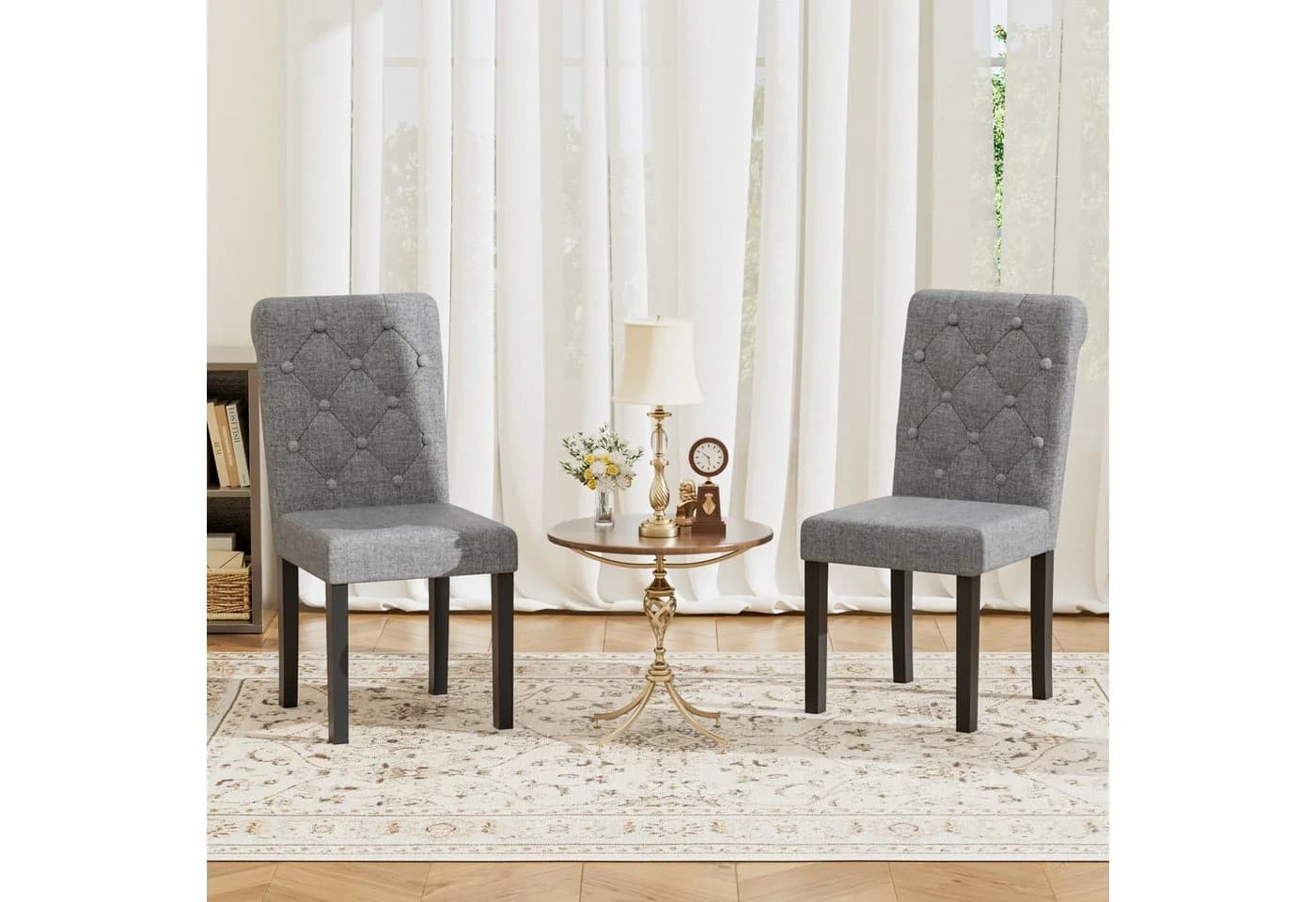 FiveWillowise Esszimmerstuhl 2er-Set Grau Leinenoptik Massivholzbeine - Bild 2