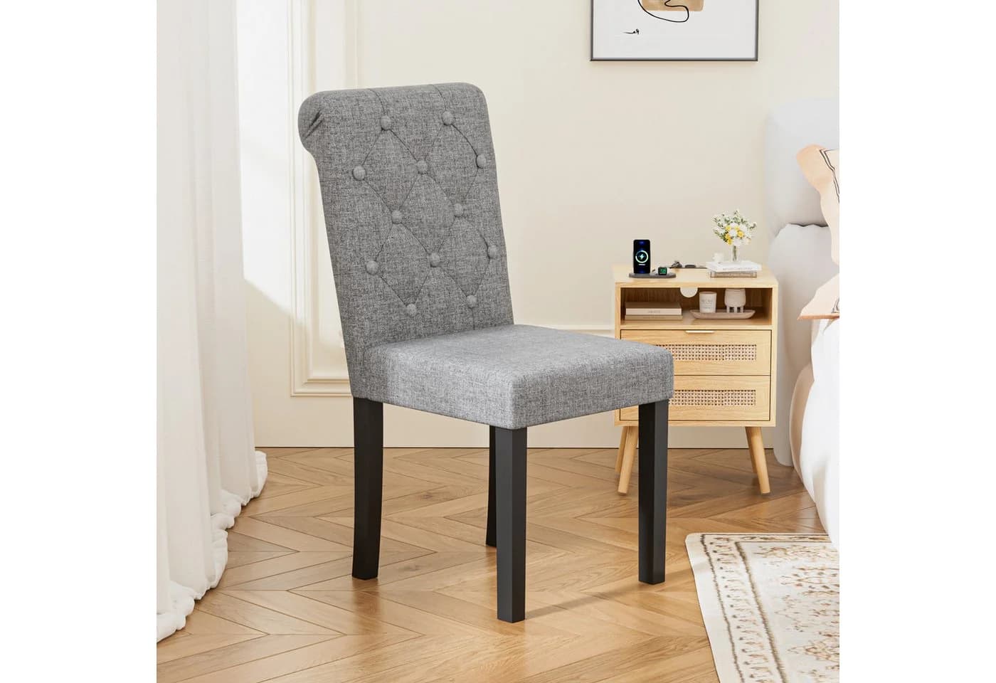 FiveWillowise Esszimmerstuhl 2er-Set Grau Leinenoptik Massivholzbeine - Bild 4