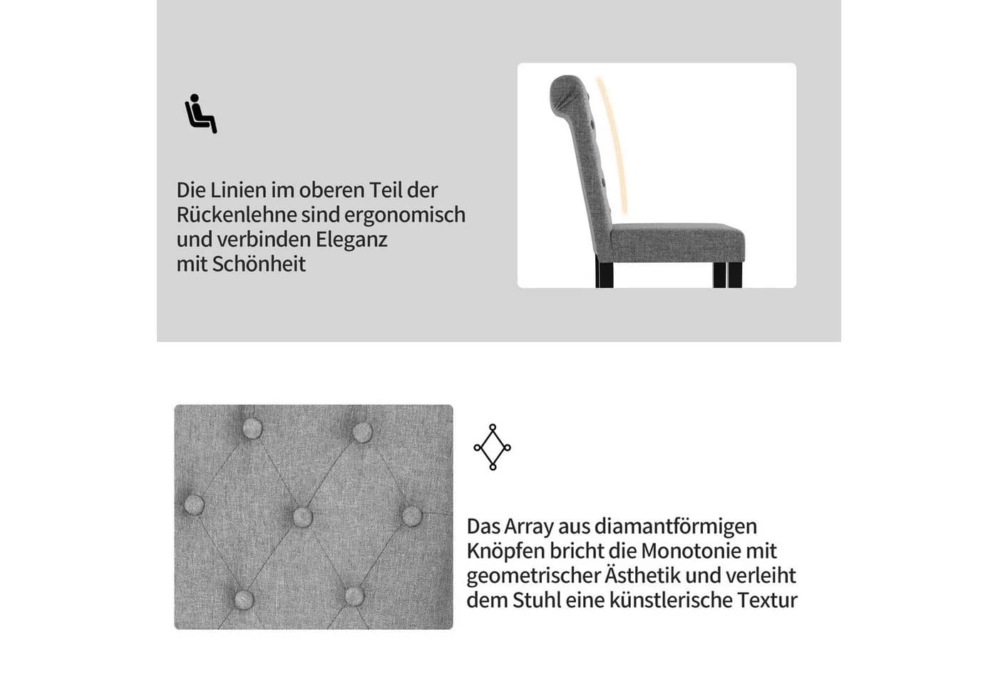 FiveWillowise Esszimmerstuhl 2er-Set Grau Leinenoptik Massivholzbeine - Bild 5