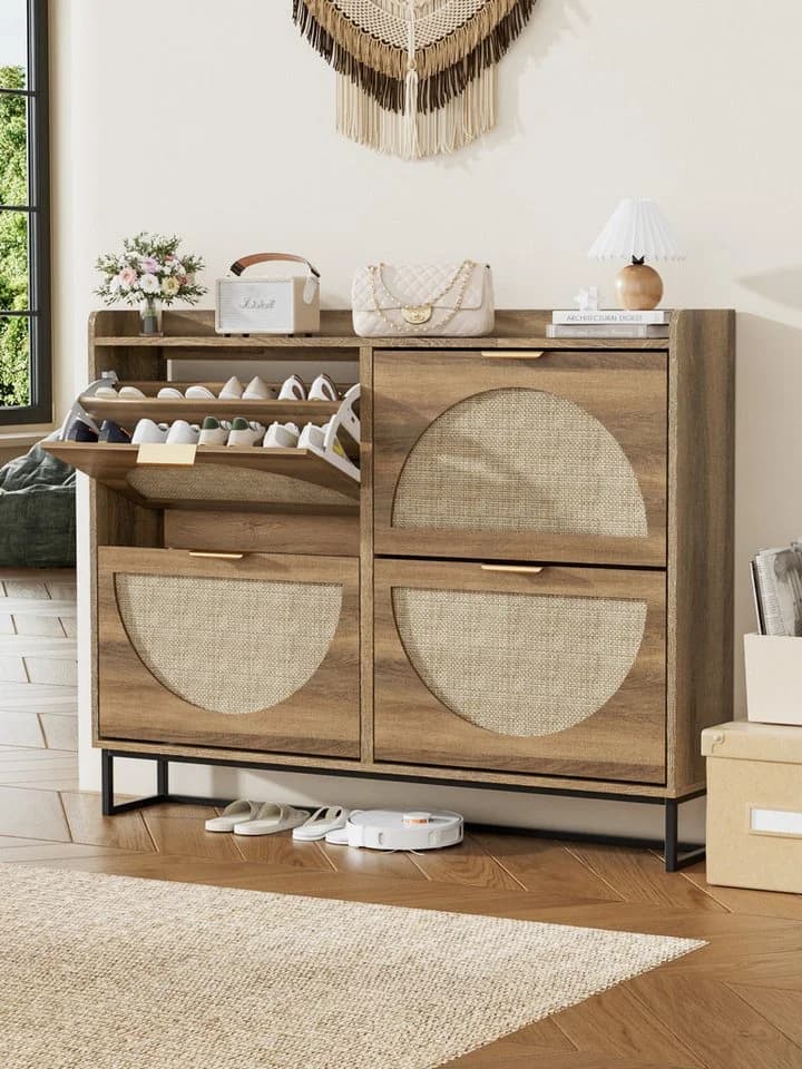 FiveWillowise Schuhschrank 4 Klapptüren Rattan Natur - Bild 2