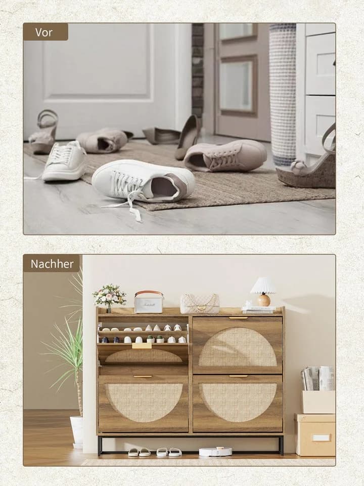 FiveWillowise Schuhschrank 4 Klapptüren Rattan Natur - Bild 3