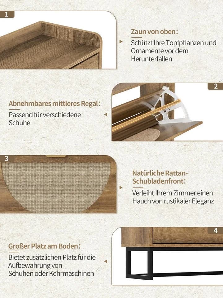 FiveWillowise Schuhschrank 4 Klapptüren Rattan Natur - Bild 4