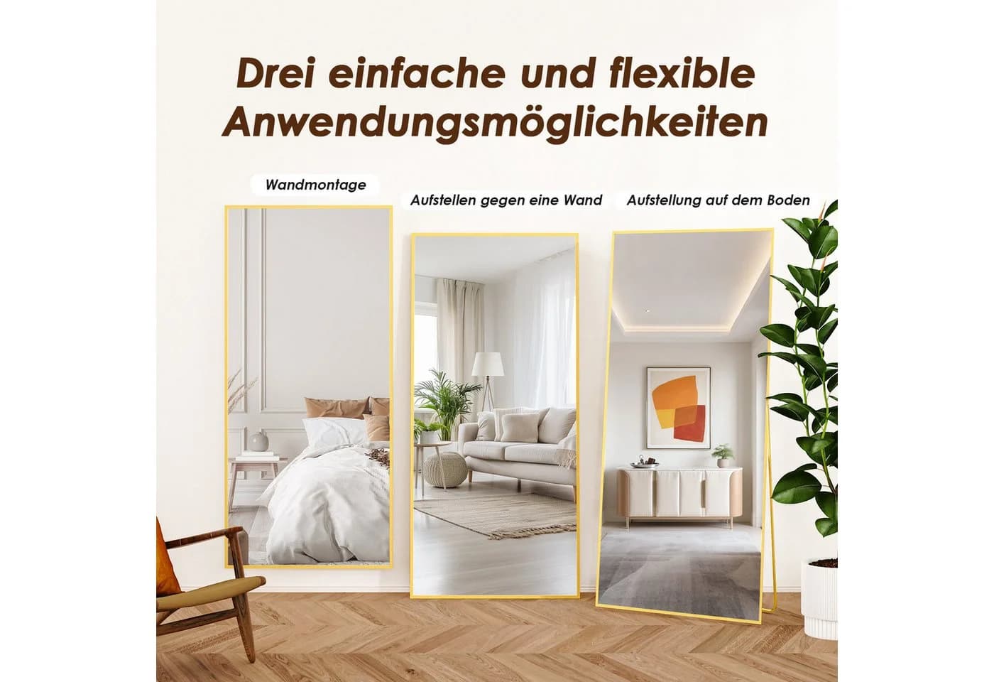 Vortisys Ganzkörperspiegel Rechteckig Gold Schwarz Aluminium