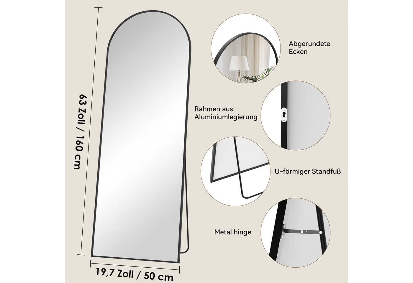 Vortisys Ganzkörperspiegel Schwarz Aluminiumrahmen Sicherheitsglas - Bild 3