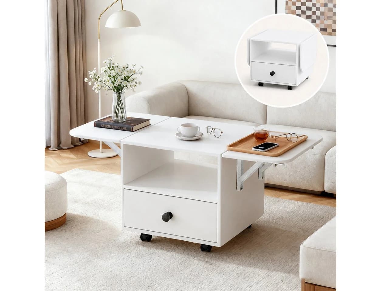 PEALOV Ausziehbarer Couchtisch Weiß mit Schubladen und Rollen - Bild 2