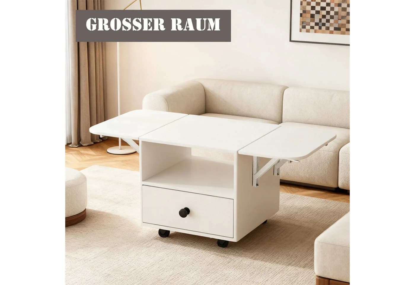 PEALOV Ausziehbarer Couchtisch Weiß mit Schubladen und Rollen - Bild 5