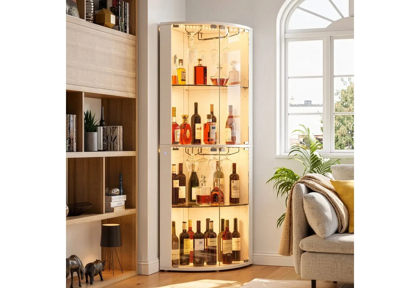 PEALOV Glasvitrine Eckbar mit LED & Glashalter Weiß - Bild 2