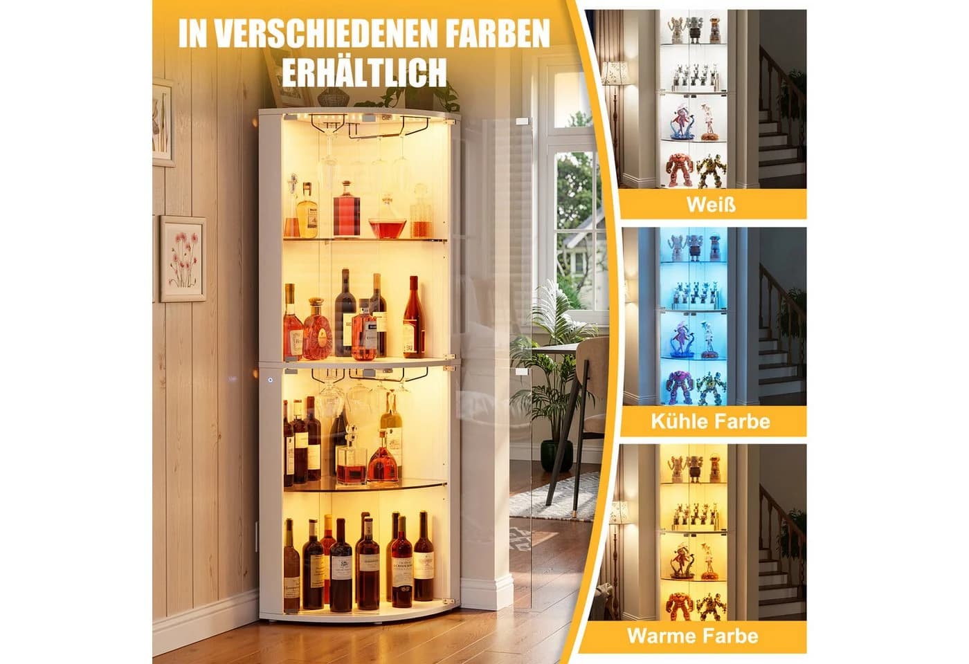 PEALOV Glasvitrine Eckbar mit LED & Glashalter Weiß - Bild 5