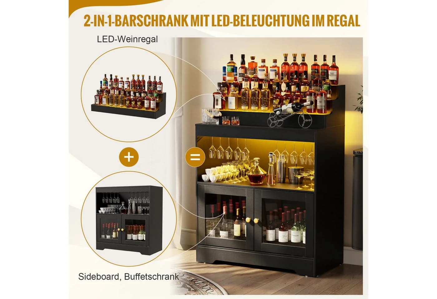 PEALOV Barschrank Schwarz mit RGB-LED-Beleuchtung und Glastüren - Bild 4