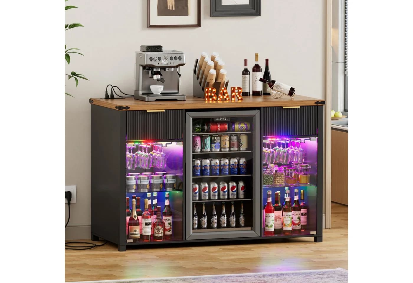 PEALOV Barschrank 3-in-1 mit LED, Weinregal & Steckdosen Schwarz-Braun - Bild 2