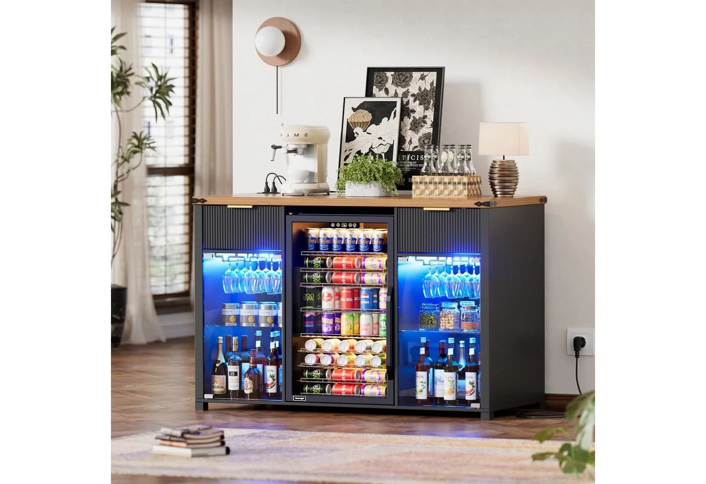 PEALOV Barschrank 3-in-1 mit LED, Weinregal & Steckdosen Schwarz-Braun - Bild 4