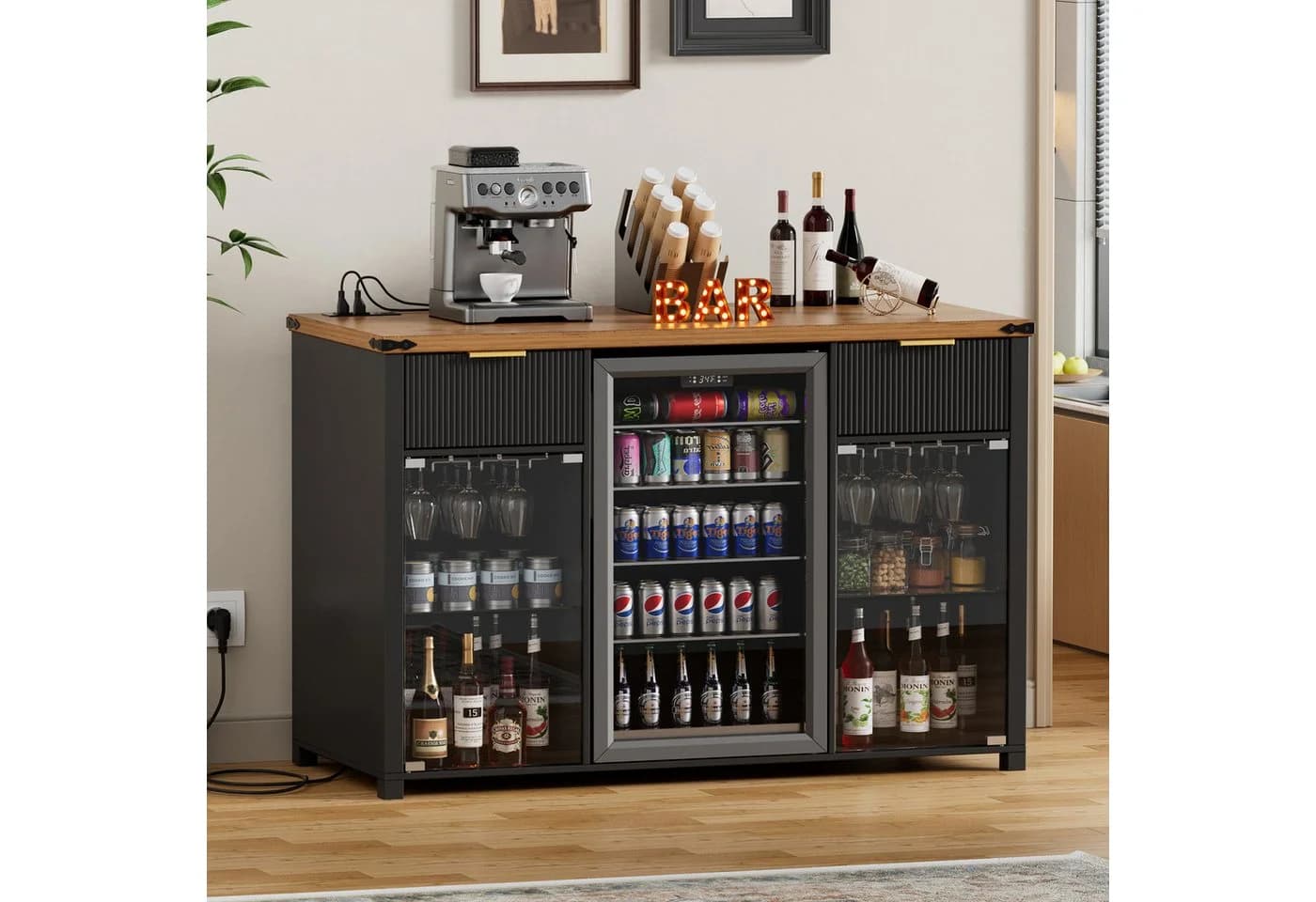 PEALOV Barschrank 3-in-1 mit LED, Weinregal & Steckdosen Schwarz-Braun - Bild 5
