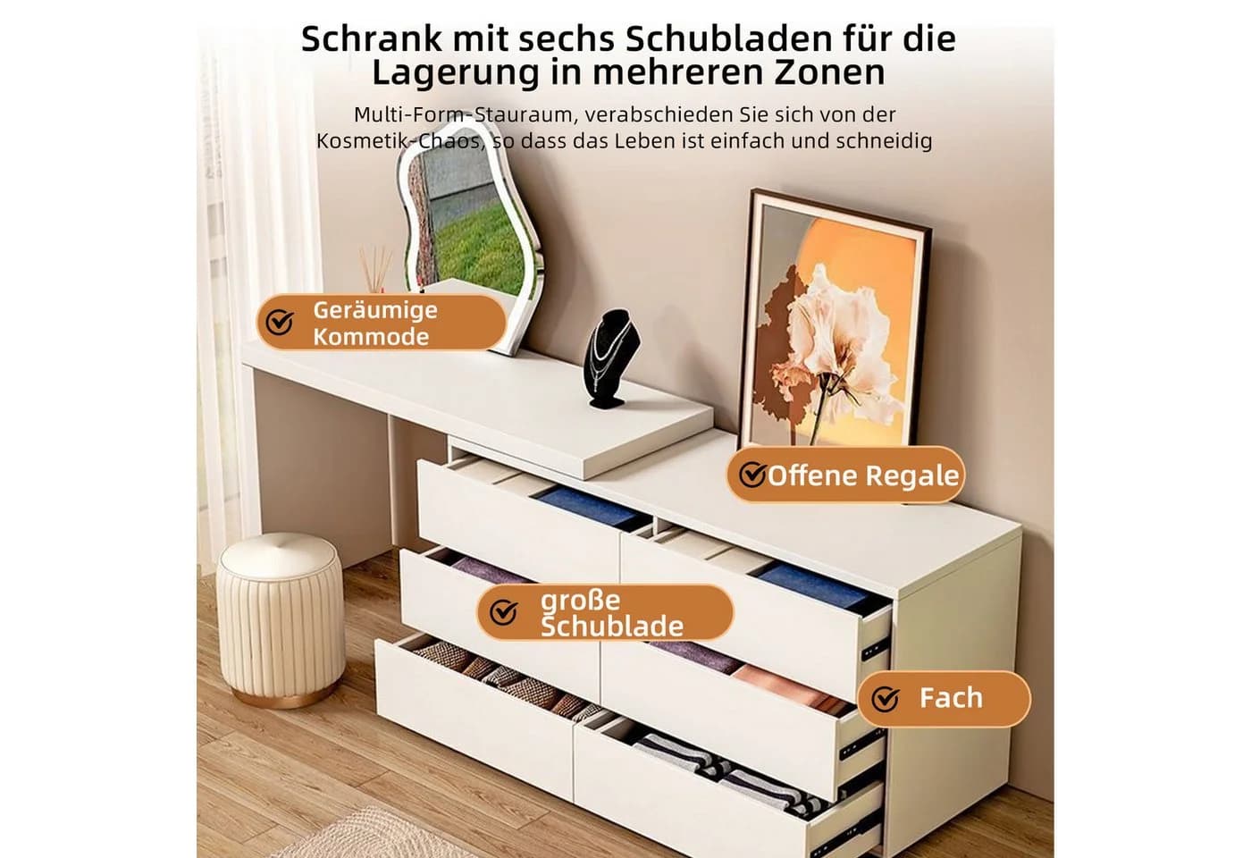 PEALOV Schminktisch mit LED-Spiegel, 6 Schubladen, Weiß - Bild 5