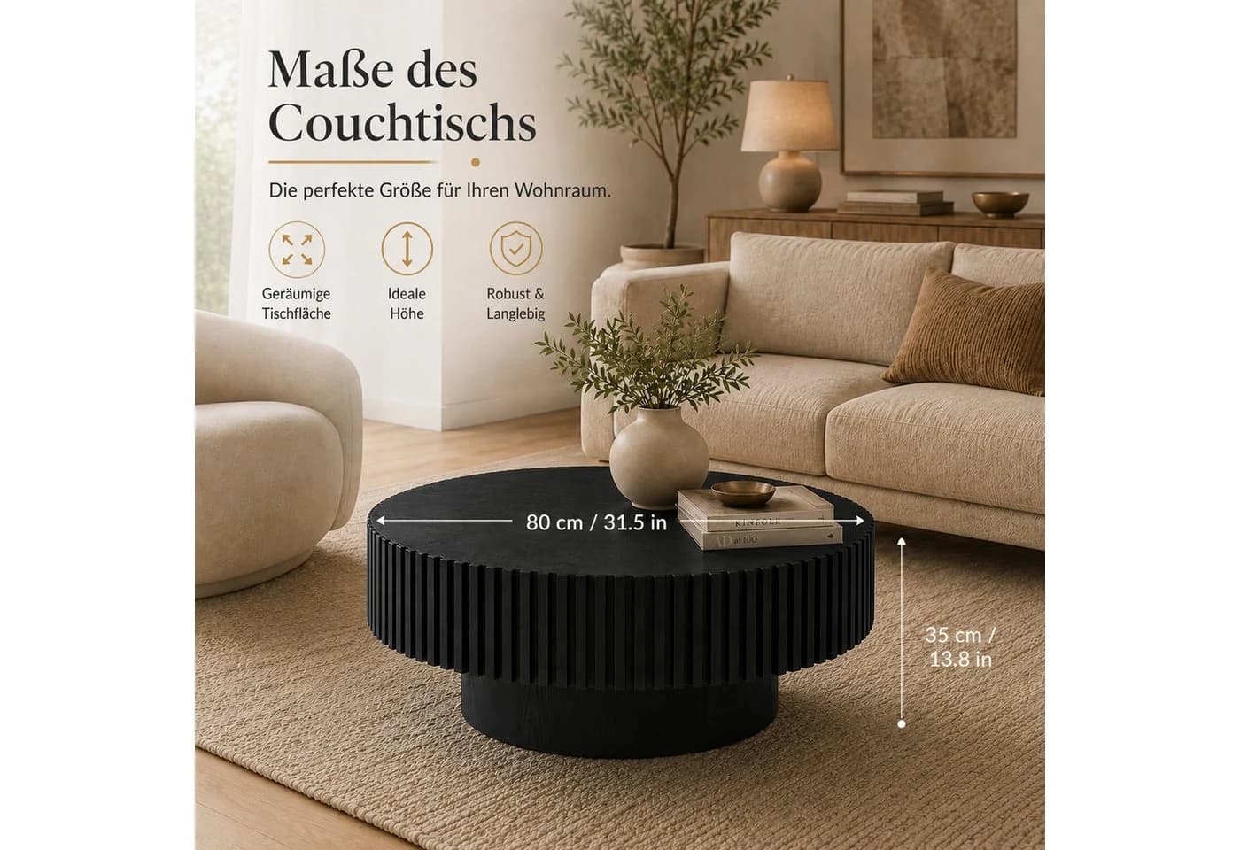 PEALOV Couchtisch Schwarz Braun Holzoptik Rillenoptik